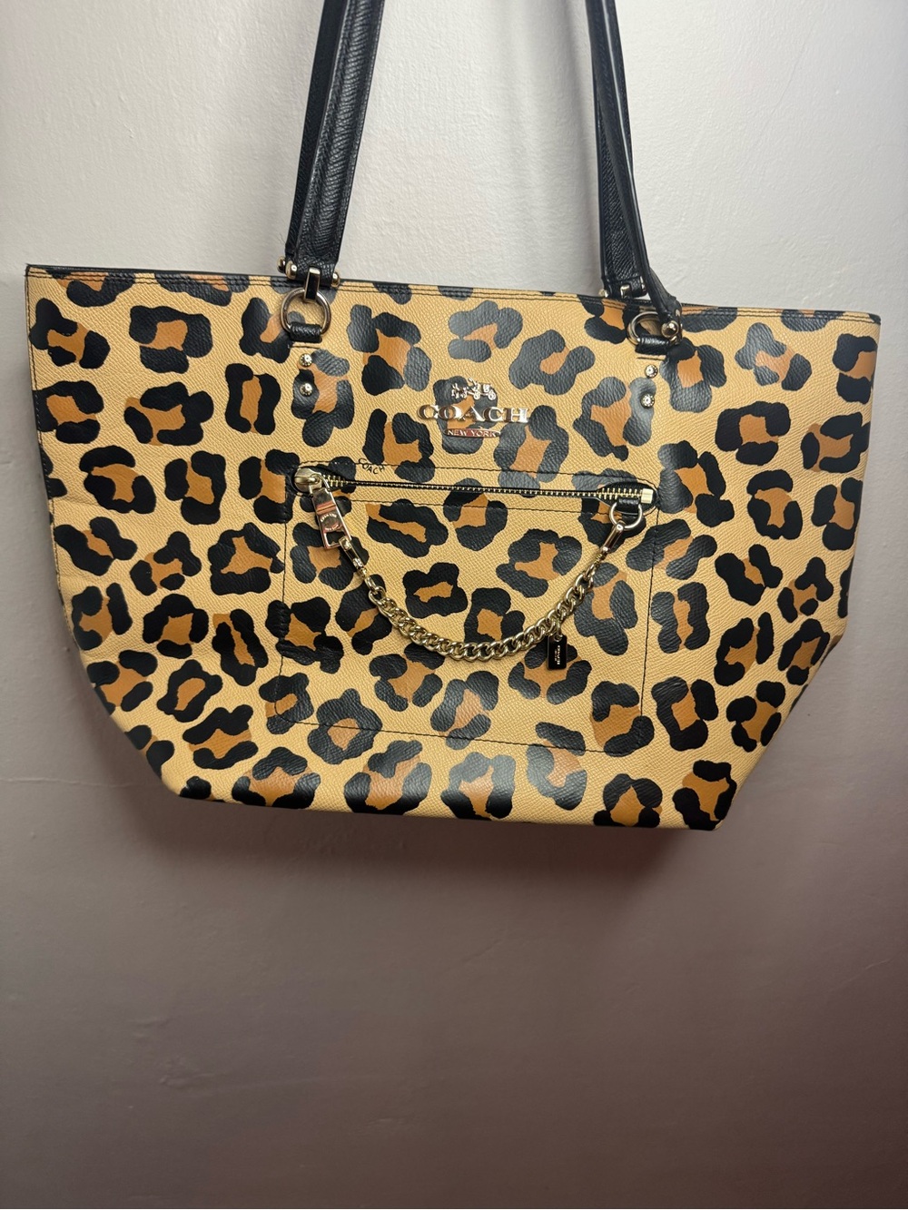 Coach Leopard-Print Tote with Black Handles & Gold Chain